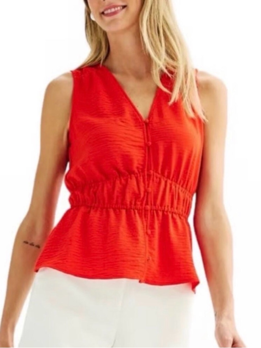 Nine West Red Button Up Sleeveless Peplum Top